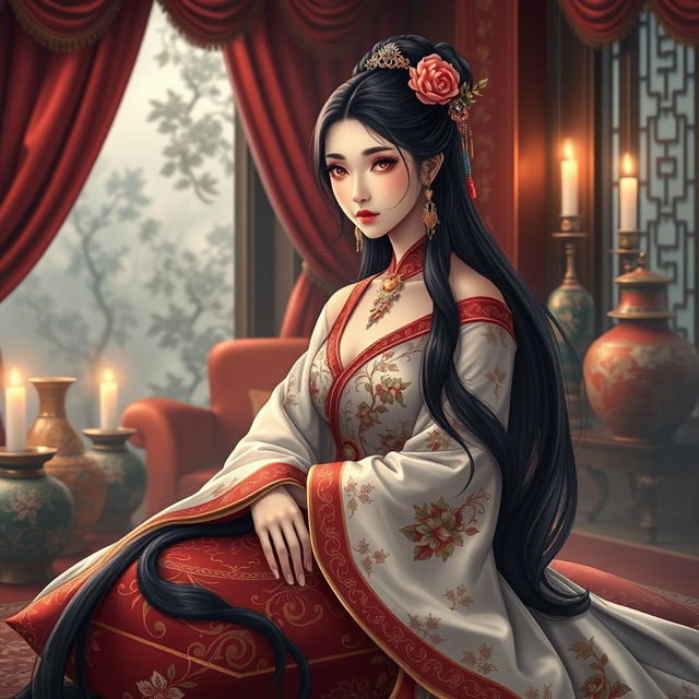 A beautifully detailed depiction of a Chinese cold palace, showcasing a concubine in elegant, intricate traditional attire