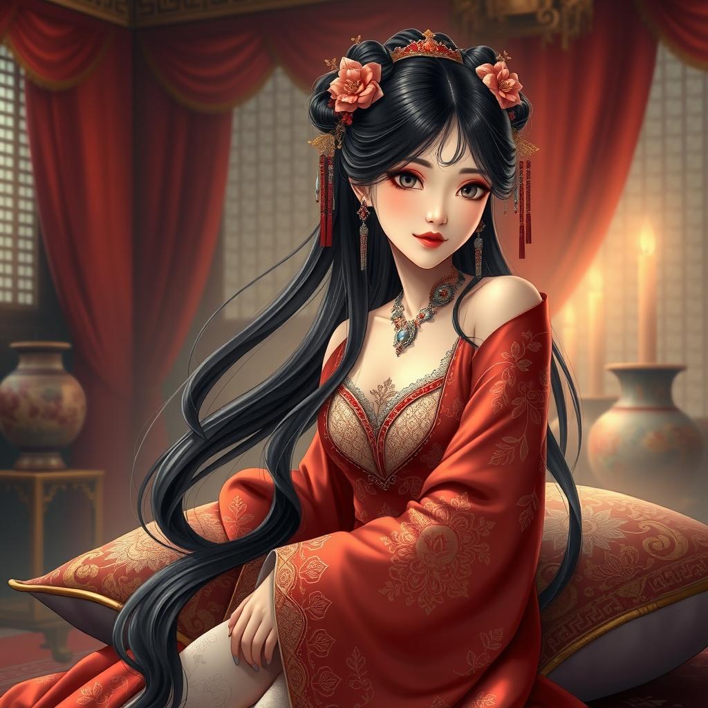 A beautifully detailed depiction of a Chinese cold palace, showcasing a concubine in elegant, intricate traditional attire