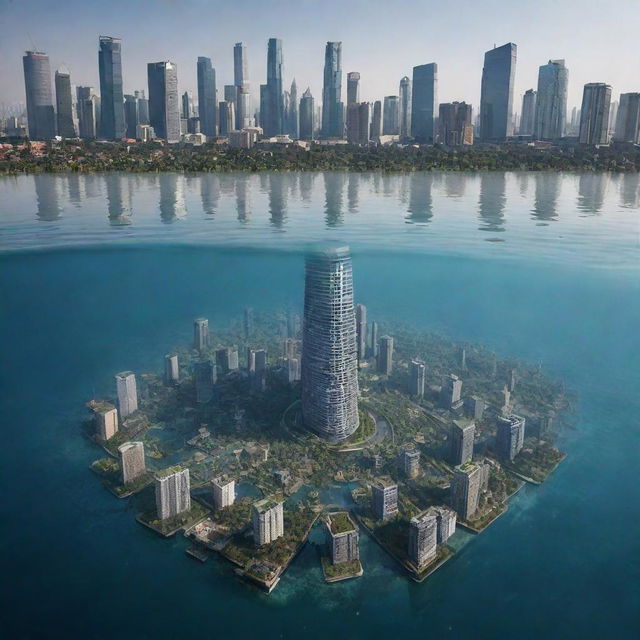 Imagine Jakarta, Indonesia, immersed underwater in the year 2025, transformed into a sunken city with skyscrapers peeking out from the vast water body