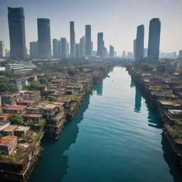 Imagine Jakarta, Indonesia, immersed underwater in the year 2025, transformed into a sunken city with skyscrapers peeking out from the vast water body