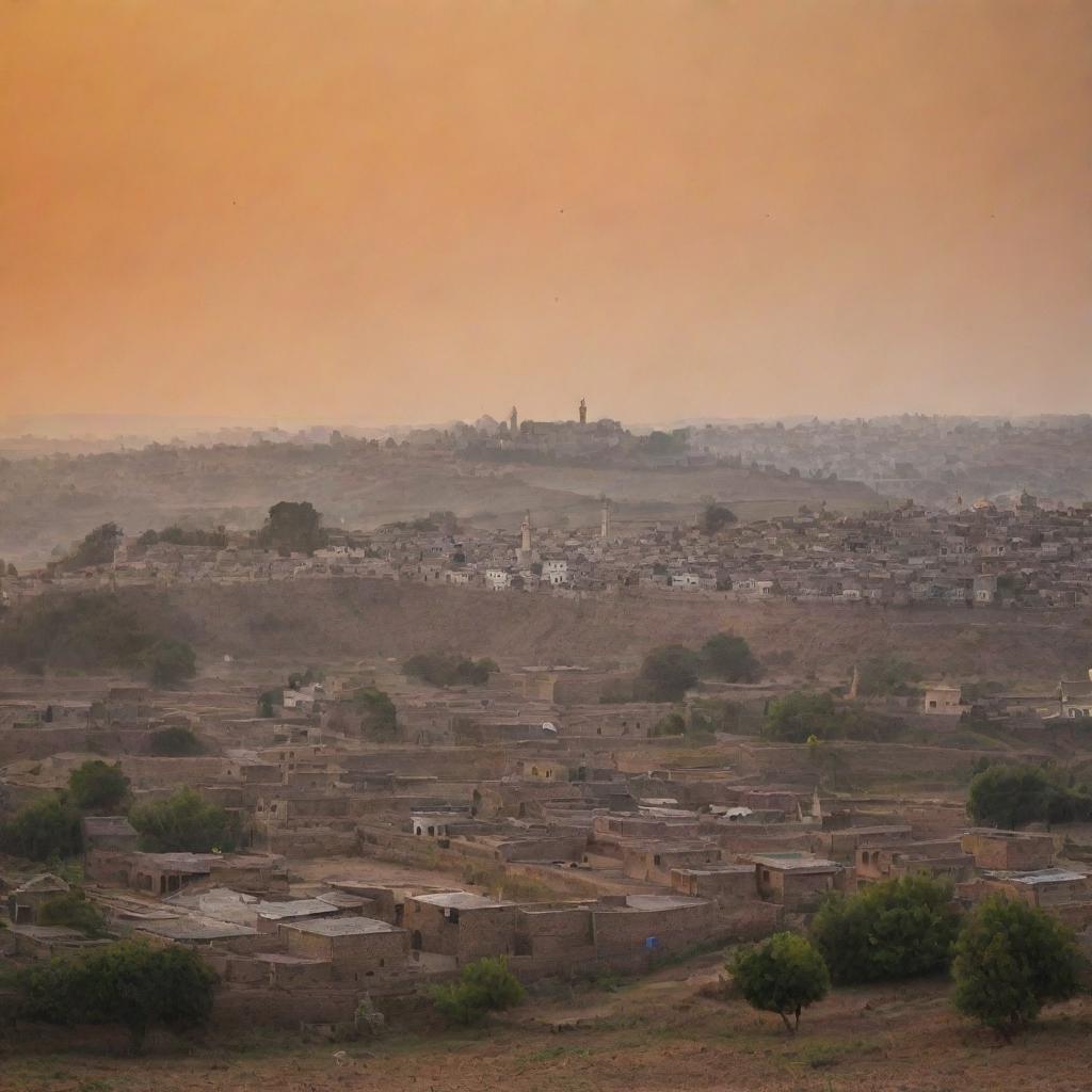 A peaceful village landscape at dusk, with quaint houses arranged on the undulating countryside