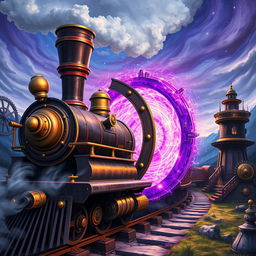 A steampunk train entering a vibrant purple portal