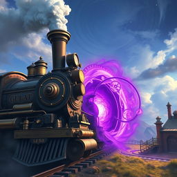 A steampunk train entering a vibrant purple portal
