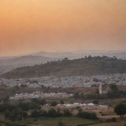 A peaceful village landscape at dusk, with quaint houses arranged on the undulating countryside