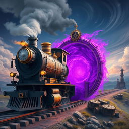 A steampunk train entering a vibrant purple portal