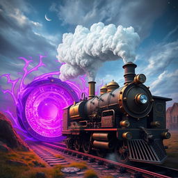 A steampunk train entering a vibrant purple portal
