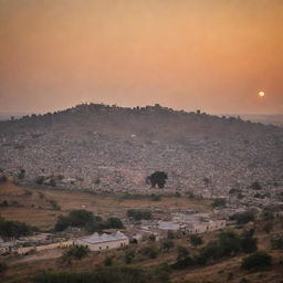 A peaceful village landscape at dusk, with quaint houses arranged on the undulating countryside