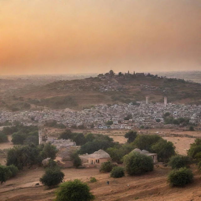 A peaceful village landscape at dusk, with quaint houses arranged on the undulating countryside