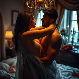 A sensual and artistic portrayal of intimacy between two adult figures, beautifully lit and tastefully composed