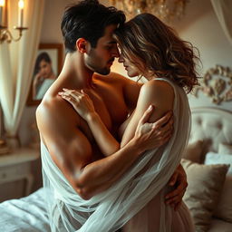A sensual and artistic portrayal of intimacy between two adult figures, beautifully lit and tastefully composed