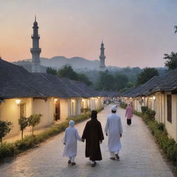 Revise the peaceful village landscape at dusk