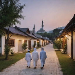 Revise the peaceful village landscape at dusk