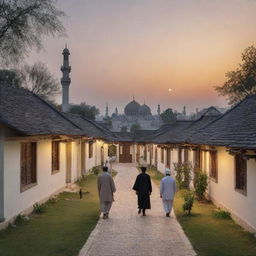 Revise the peaceful village landscape at dusk