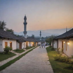 Revise the peaceful village landscape at dusk