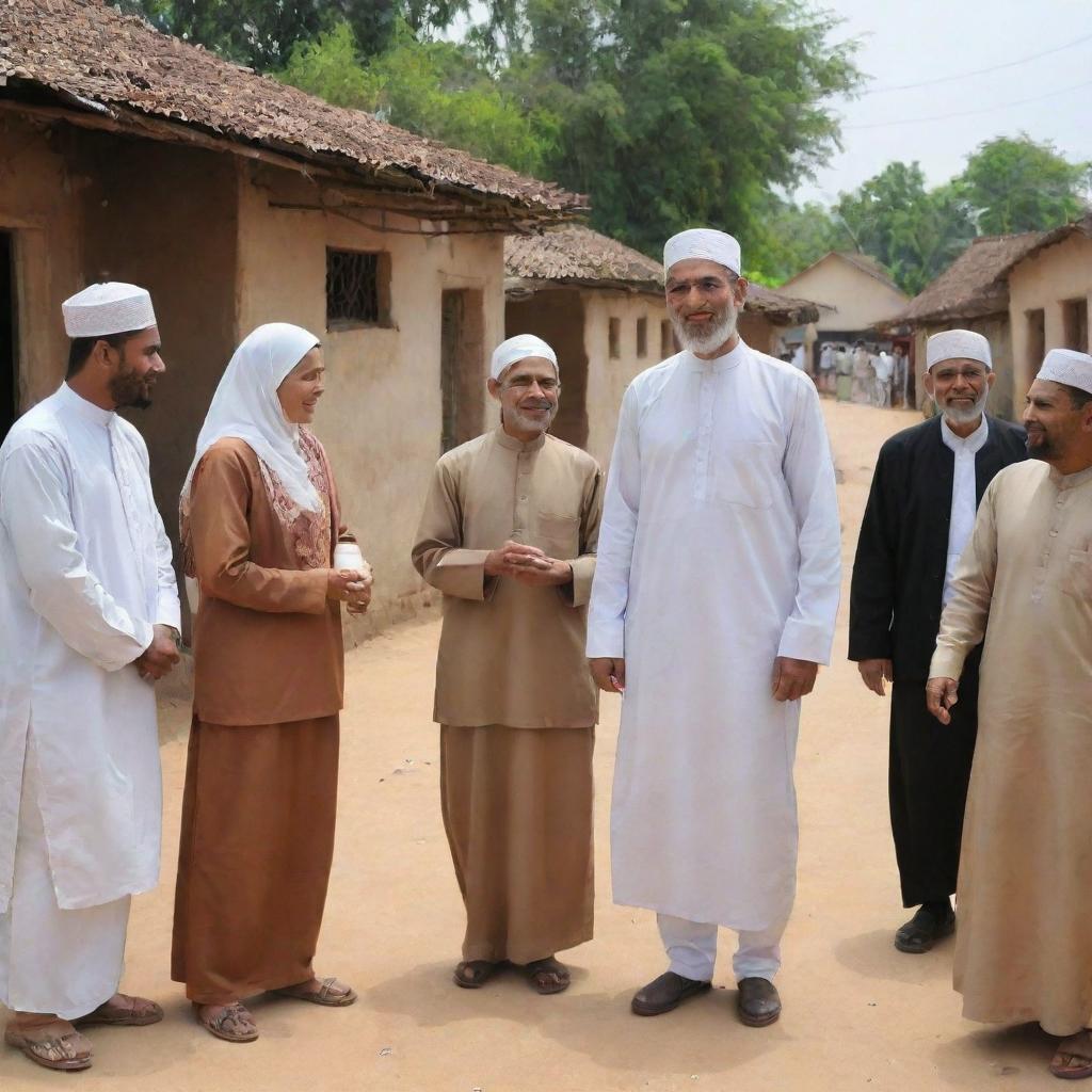 Revise the village scene to show warm and courteous interactions between Muslim and Christian villagers, capturing moments of shared greetings, conversations and activities that depict mutual respect and harmony, fostering a sense of unity in diversity