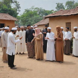 Revise the village scene to show warm and courteous interactions between Muslim and Christian villagers, capturing moments of shared greetings, conversations and activities that depict mutual respect and harmony, fostering a sense of unity in diversity