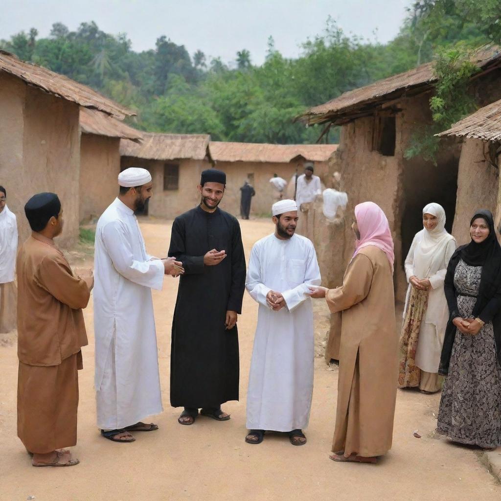 Revise the village scene to show warm and courteous interactions between Muslim and Christian villagers, capturing moments of shared greetings, conversations and activities that depict mutual respect and harmony, fostering a sense of unity in diversity