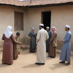 Revise the village scene to show warm and courteous interactions between Muslim and Christian villagers, capturing moments of shared greetings, conversations and activities that depict mutual respect and harmony, fostering a sense of unity in diversity