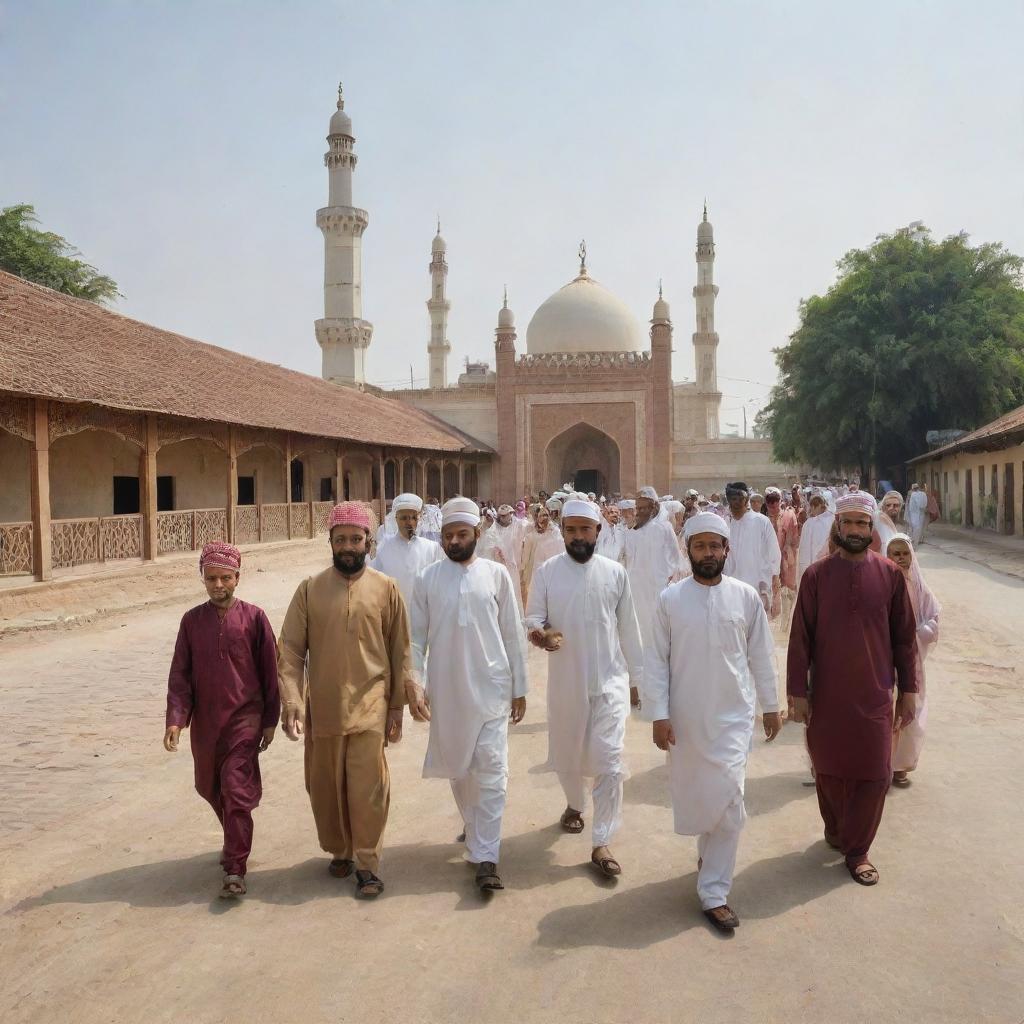 Modify the village scene to depict Muslim villagers heading towards the intricate masjid, clad in traditional attire