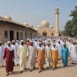 Modify the village scene to depict Muslim villagers heading towards the intricate masjid, clad in traditional attire