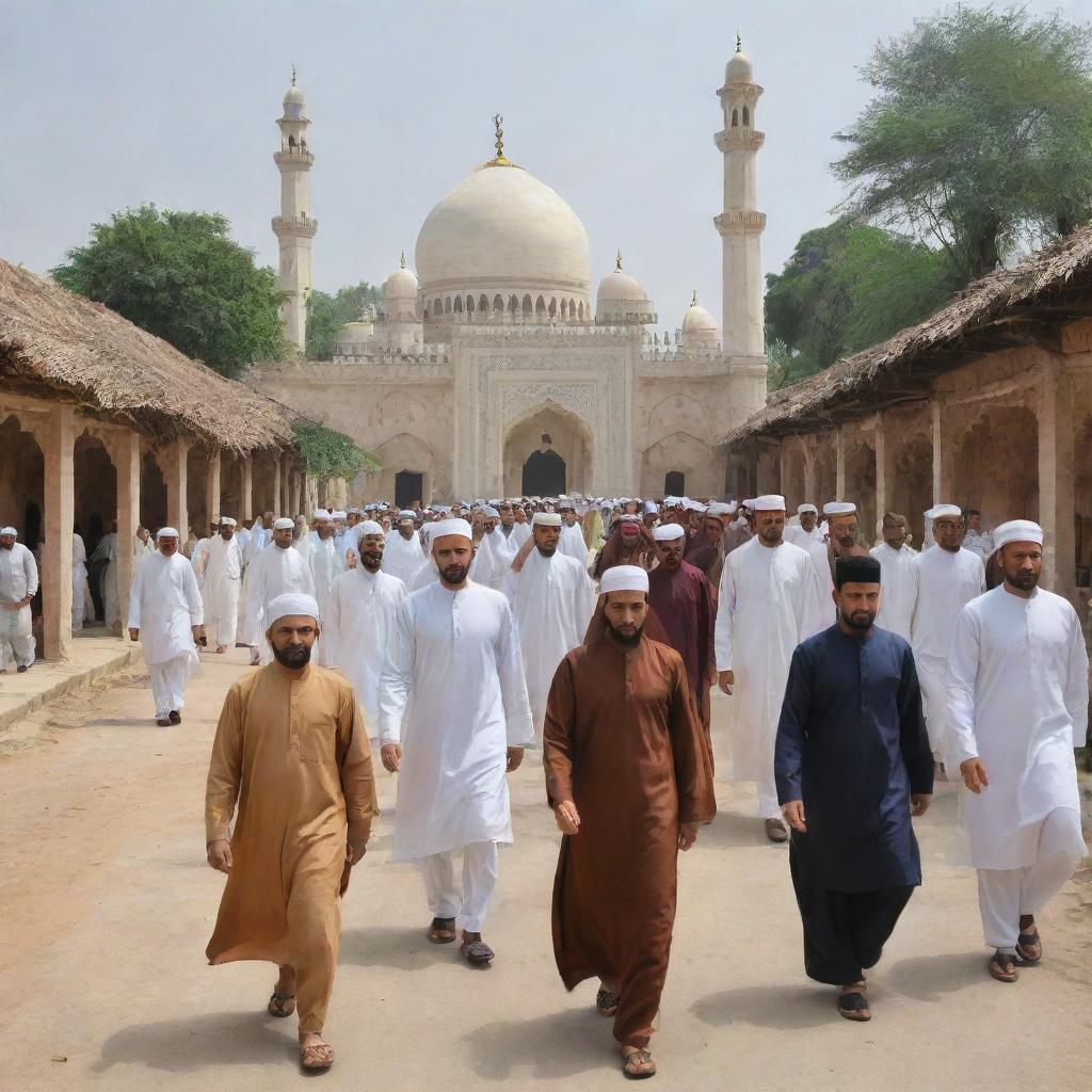 Modify the village scene to depict Muslim villagers heading towards the intricate masjid, clad in traditional attire