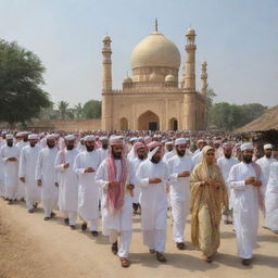 Modify the village scene to depict Muslim villagers heading towards the intricate masjid, clad in traditional attire