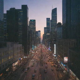 A bustling cityscape at dusk, with skyscrapers lighted against the fading twilight, and streets buzzing with life and activity