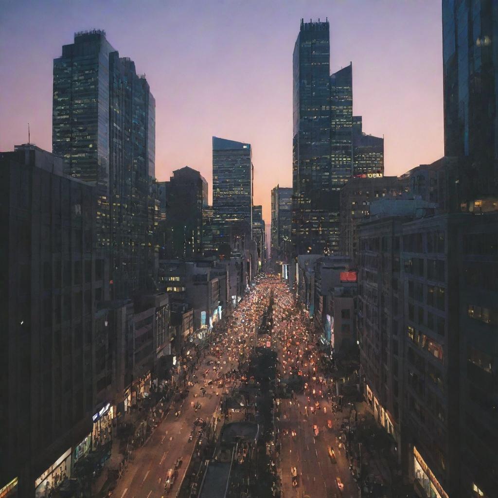 A bustling cityscape at dusk, with skyscrapers lighted against the fading twilight, and streets buzzing with life and activity