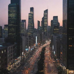 A bustling cityscape at dusk, with skyscrapers lighted against the fading twilight, and streets buzzing with life and activity