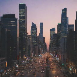 A bustling cityscape at dusk, with skyscrapers lighted against the fading twilight, and streets buzzing with life and activity