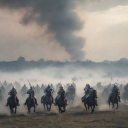 A dramatic scene of a medieval battlefield, where mounted knights clash fiercely with infantry, against the backdrop of a smoky sky