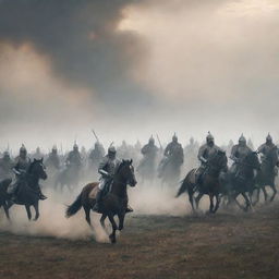 A dramatic scene of a medieval battlefield, where mounted knights clash fiercely with infantry, against the backdrop of a smoky sky