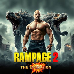 An action-packed teaser poster for 'RAMPAGE 2: The Evolution' featuring Dwayne Johnson as the heroic lead, standing confidently in the foreground