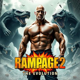 An action-packed teaser poster for 'RAMPAGE 2: The Evolution' featuring Dwayne Johnson as the heroic lead, standing confidently in the foreground