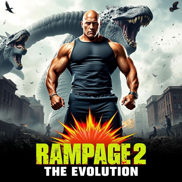 An action-packed teaser poster for 'RAMPAGE 2: The Evolution' featuring Dwayne Johnson as the heroic lead, standing confidently in the foreground