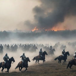 A dramatic scene of a medieval battlefield, where mounted knights clash fiercely with infantry, against the backdrop of a smoky sky