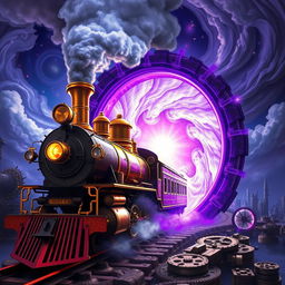 A steampunk train entering a vivid purple portal