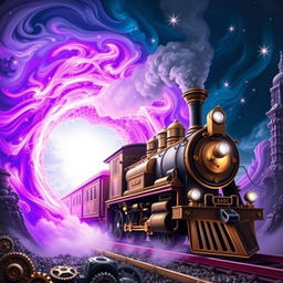 A steampunk train entering a vivid purple portal