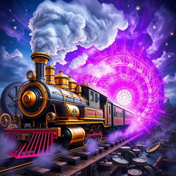 A steampunk train entering a vivid purple portal