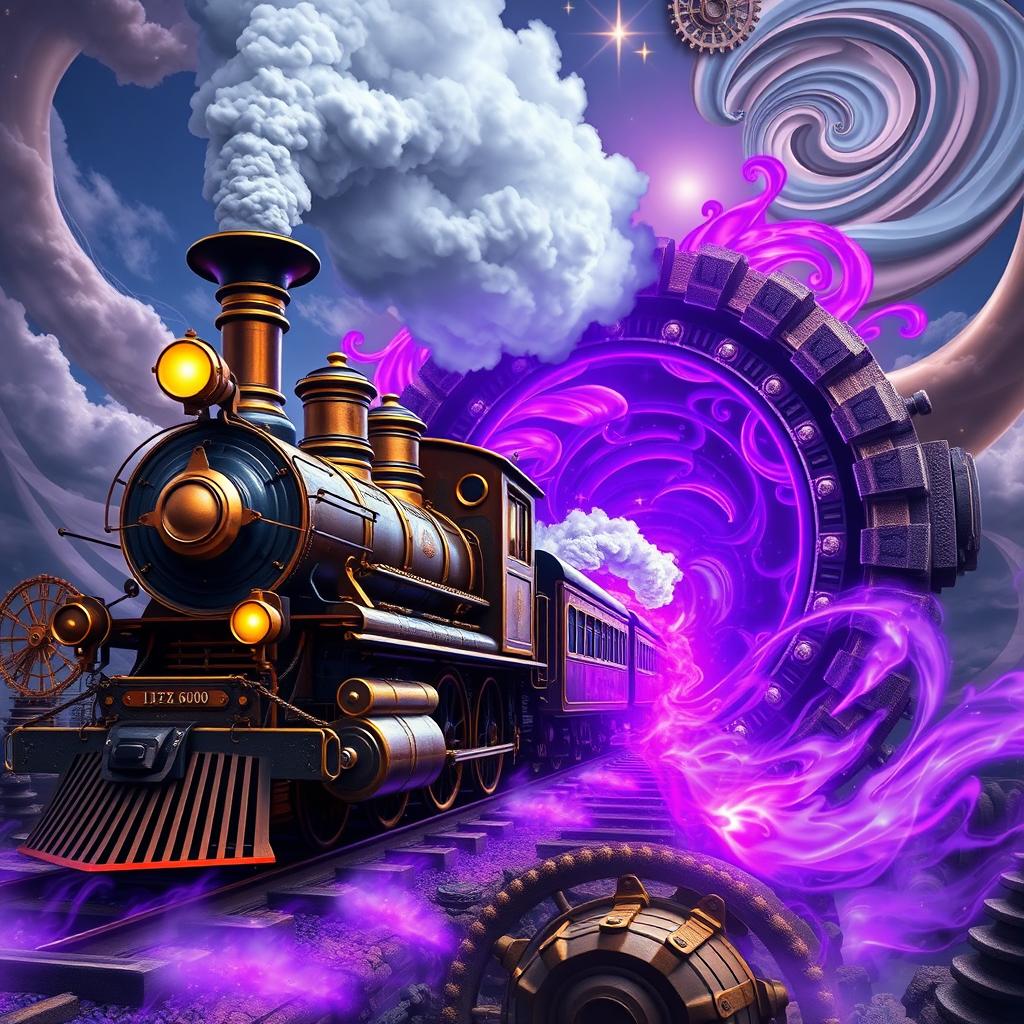 A steampunk train entering a vivid purple portal