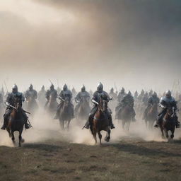 A dramatic scene of a medieval battlefield, where mounted knights clash fiercely with infantry, against the backdrop of a smoky sky