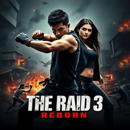 An adrenaline-fueled teaser poster for 'THE RAID 3: REBORN' featuring Iko Uwais and Julie Estelle in dynamic action poses