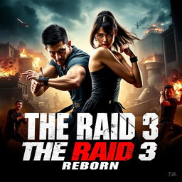 An adrenaline-fueled teaser poster for 'THE RAID 3: REBORN' featuring Iko Uwais and Julie Estelle in dynamic action poses