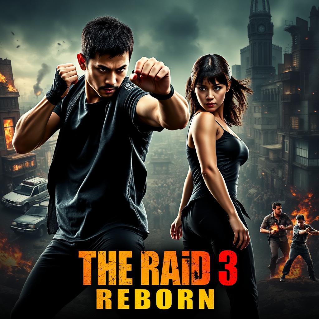 An adrenaline-fueled teaser poster for 'THE RAID 3: REBORN' featuring Iko Uwais and Julie Estelle in dynamic action poses