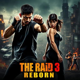 An adrenaline-fueled teaser poster for 'THE RAID 3: REBORN' featuring Iko Uwais and Julie Estelle in dynamic action poses