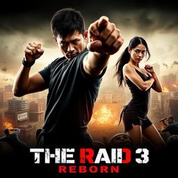 An adrenaline-fueled teaser poster for 'THE RAID 3: REBORN' featuring Iko Uwais and Julie Estelle in dynamic action poses
