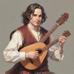 A comic-style portrait illustration of a charming RPG bard with lute in hand, performing a captivating melody.