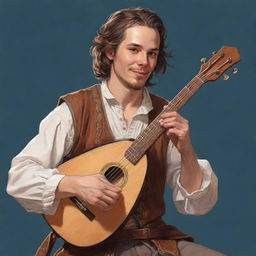 A comic-style portrait illustration of a charming RPG bard with lute in hand, performing a captivating melody.