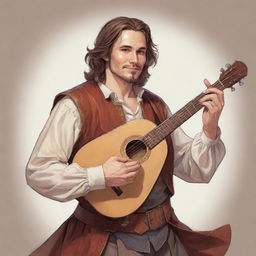 A comic-style portrait illustration of a charming RPG bard with lute in hand, performing a captivating melody.