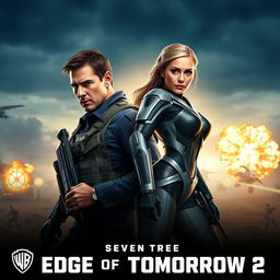 An exhilarating teaser poster for 'Edge of Tomorrow 2' featuring Tom Cruise as Major William Cage and Emily Blunt as Rita Vrataski